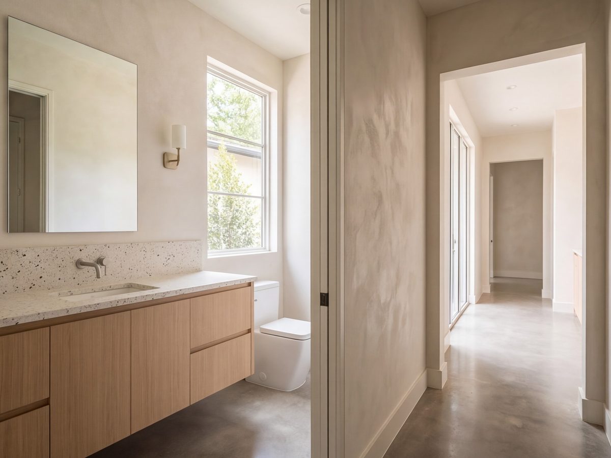 Finished powder room and hallway in natural light
