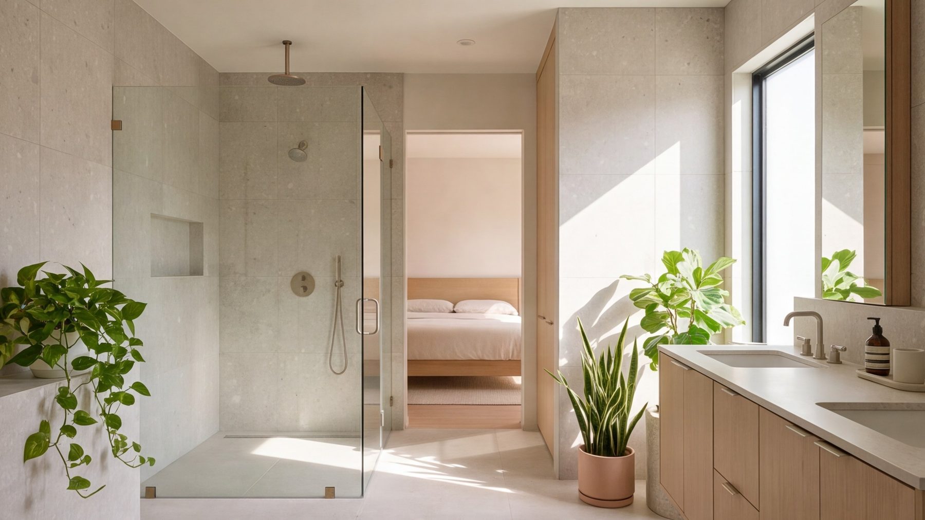 Calm primary bathroom remodel, large-format tile and glass shower
