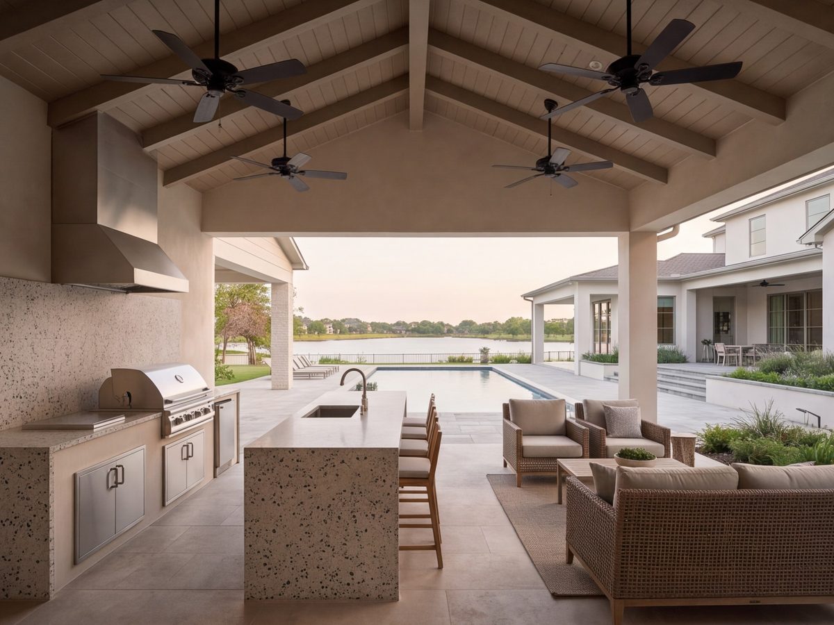 Covered outdoor kitchen and seating by a pool
