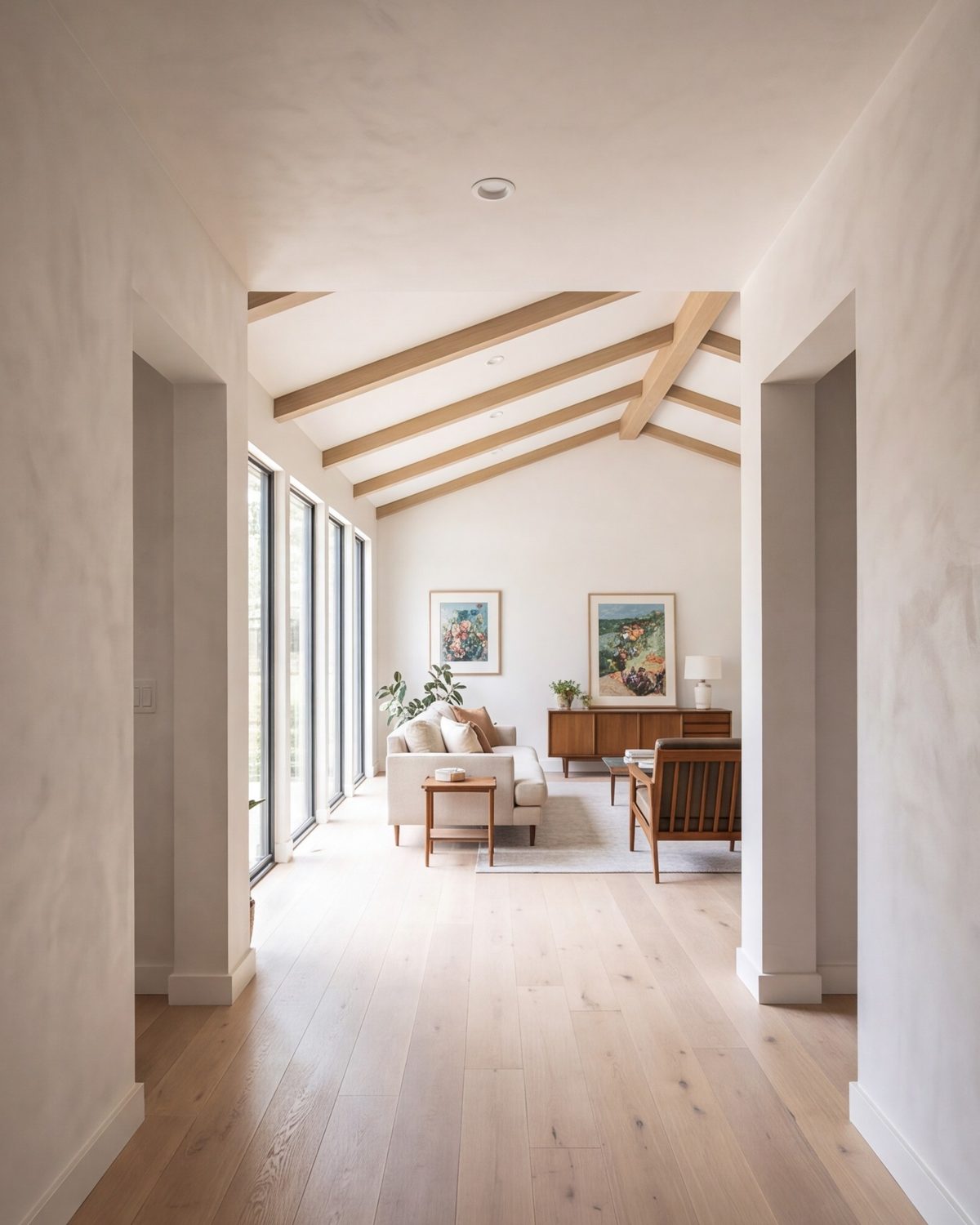 Renovated hallway opening into a bright living room